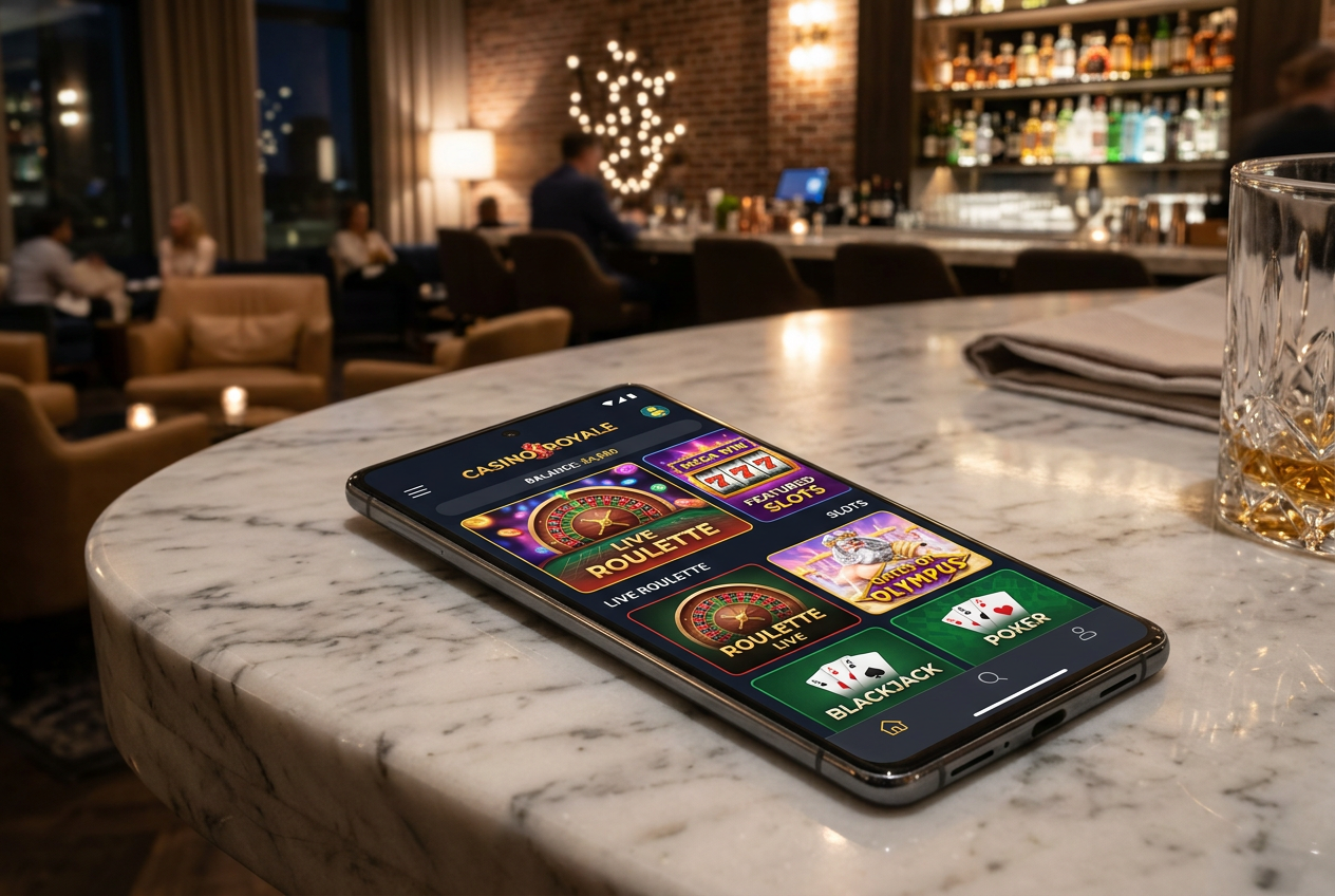 A luxury mobile gaming setup showing a casino app.
